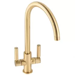 Abode Globe Swan Dual-Lever Mono Mixer Kitchen Tap Brushed Brass